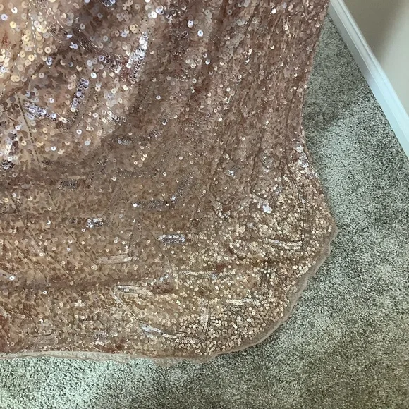 MacDuggal Rose Gold Sequin Evening Gown with Slit and Train - Picture 12 of 14